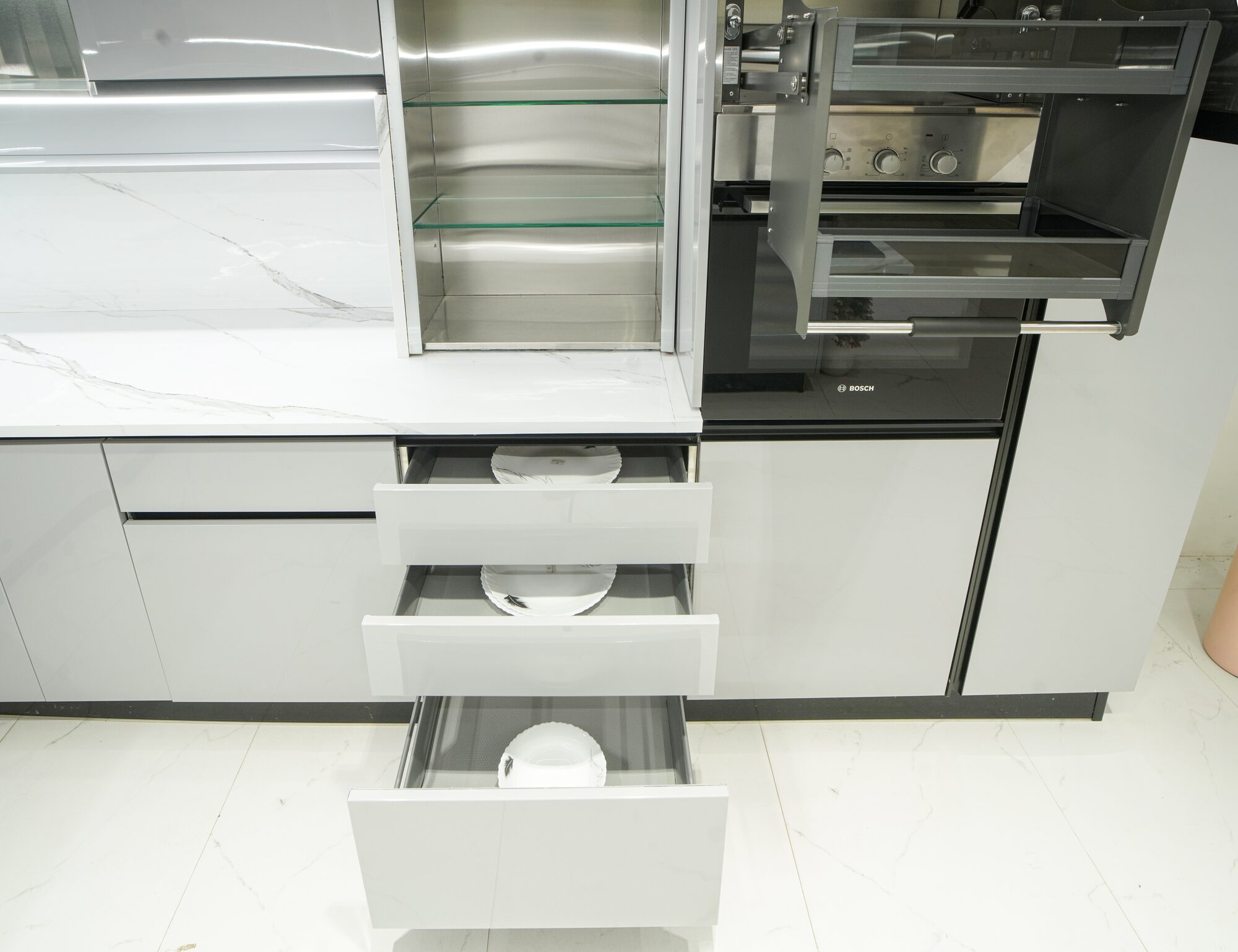 Monochrome gloss modular kitchen drawer detail