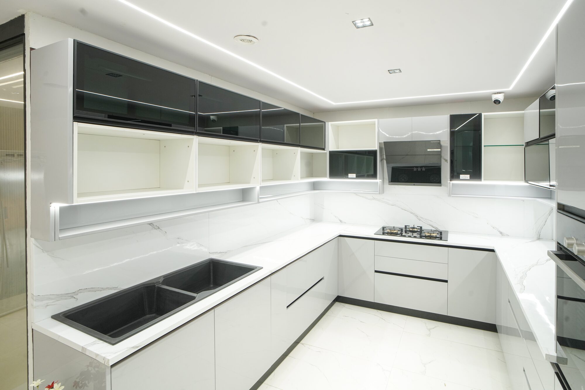 Monochrome gloss modular kitchen worktop and sink