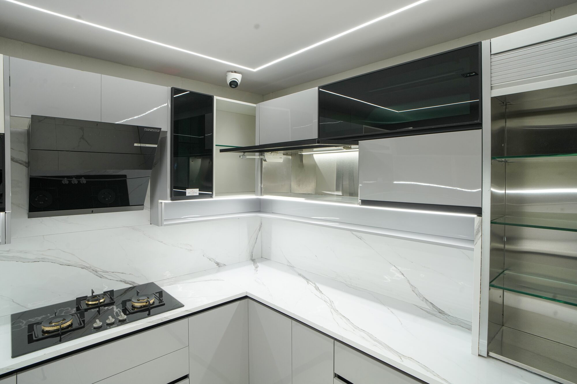 Monochrome gloss modular kitchen pantry pull-out detail